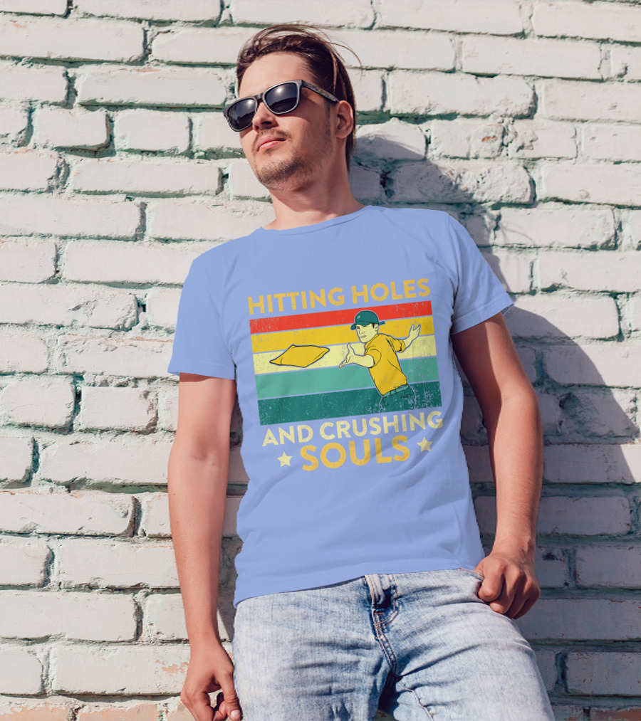 Hitting Holes And Crushing Souls Funny Cornhole Men Player Retro Throw T-Shirt