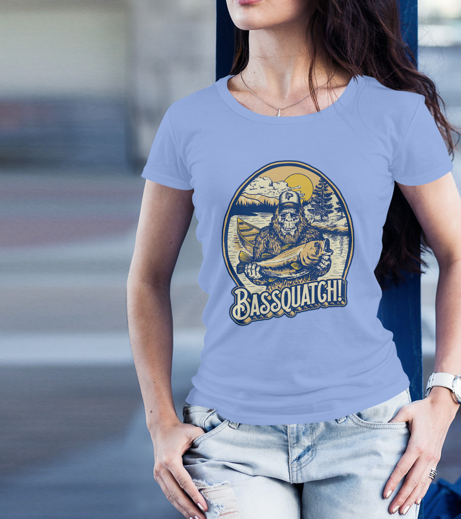 Bassquatch Funny Bigfoot Fishing Sasquatch With Bass Catch T-Shirt
