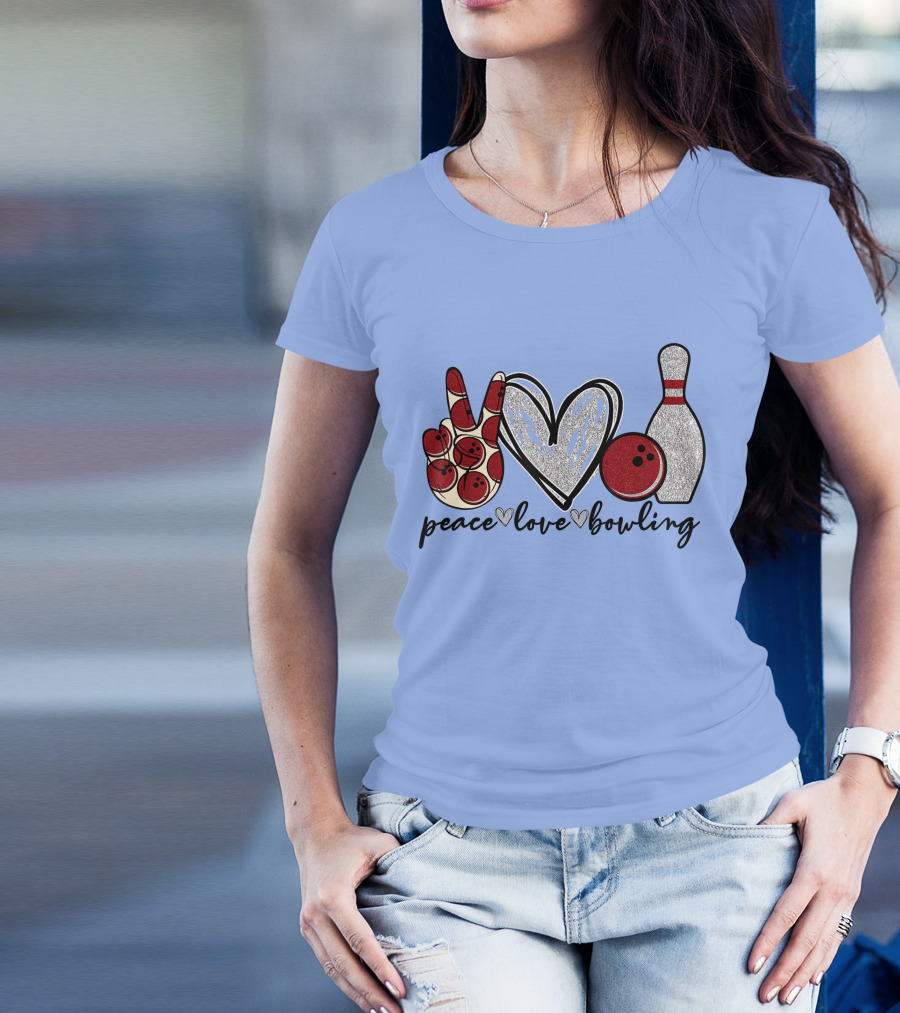Peace Love Bowling Funny Bowling Lover Bowling Pins Glitter Bowling Ball T-Shirt