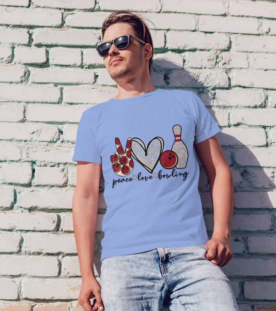 Peace Love Bowling Funny Bowling Lover Bowling Pins Glitter Bowling Ball T-Shirt