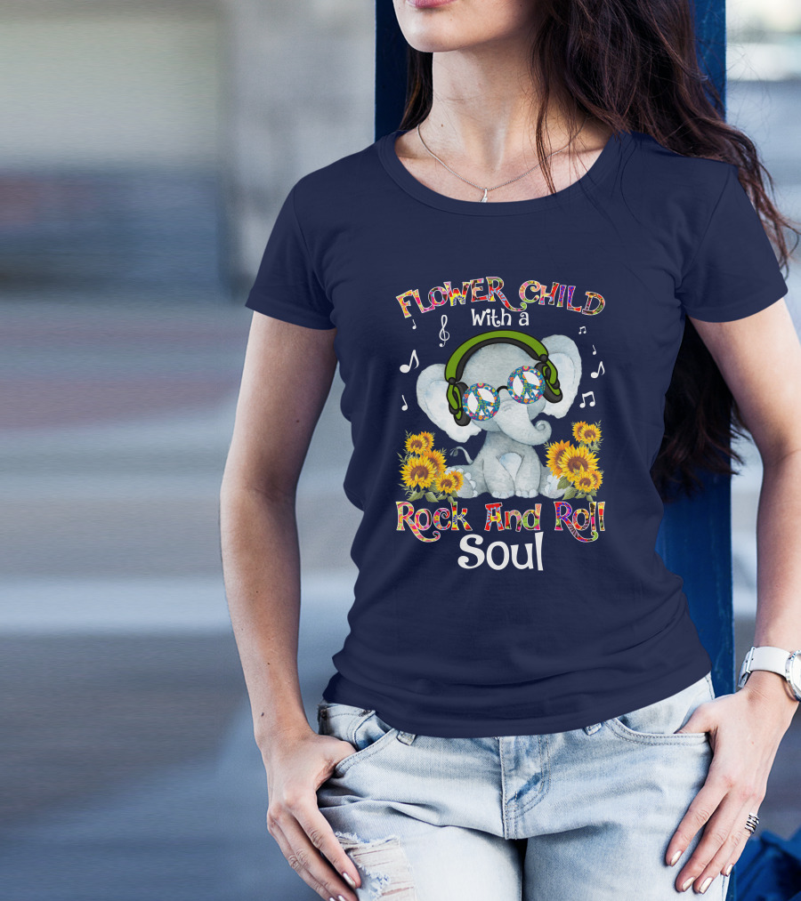 Flower Child Rock And Roll Soul Elephant With Headphones And Sunflowers T-Shirt