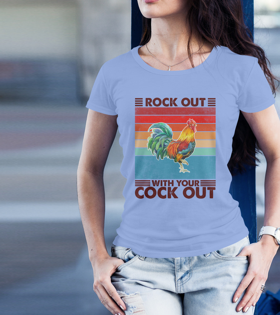 ROCK OUT WITH YOUR COCK OUT Retro Rooster Rainbow Stripes T-Shirt