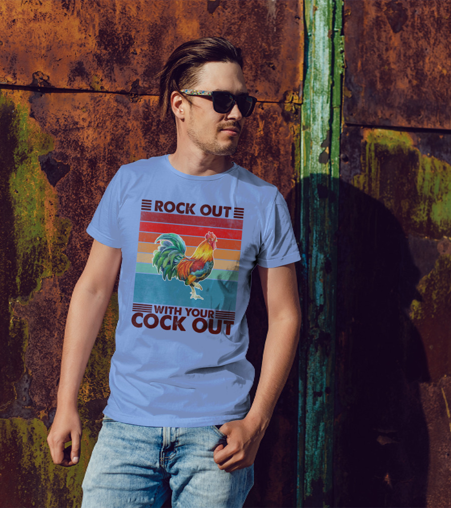ROCK OUT WITH YOUR COCK OUT Retro Rooster Rainbow Stripes T-Shirt