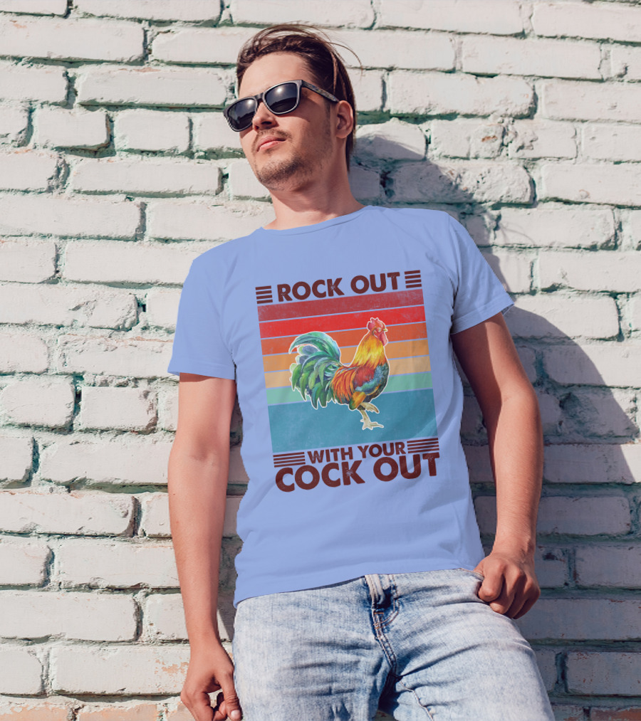 ROCK OUT WITH YOUR COCK OUT Retro Rooster Rainbow Stripes T-Shirt