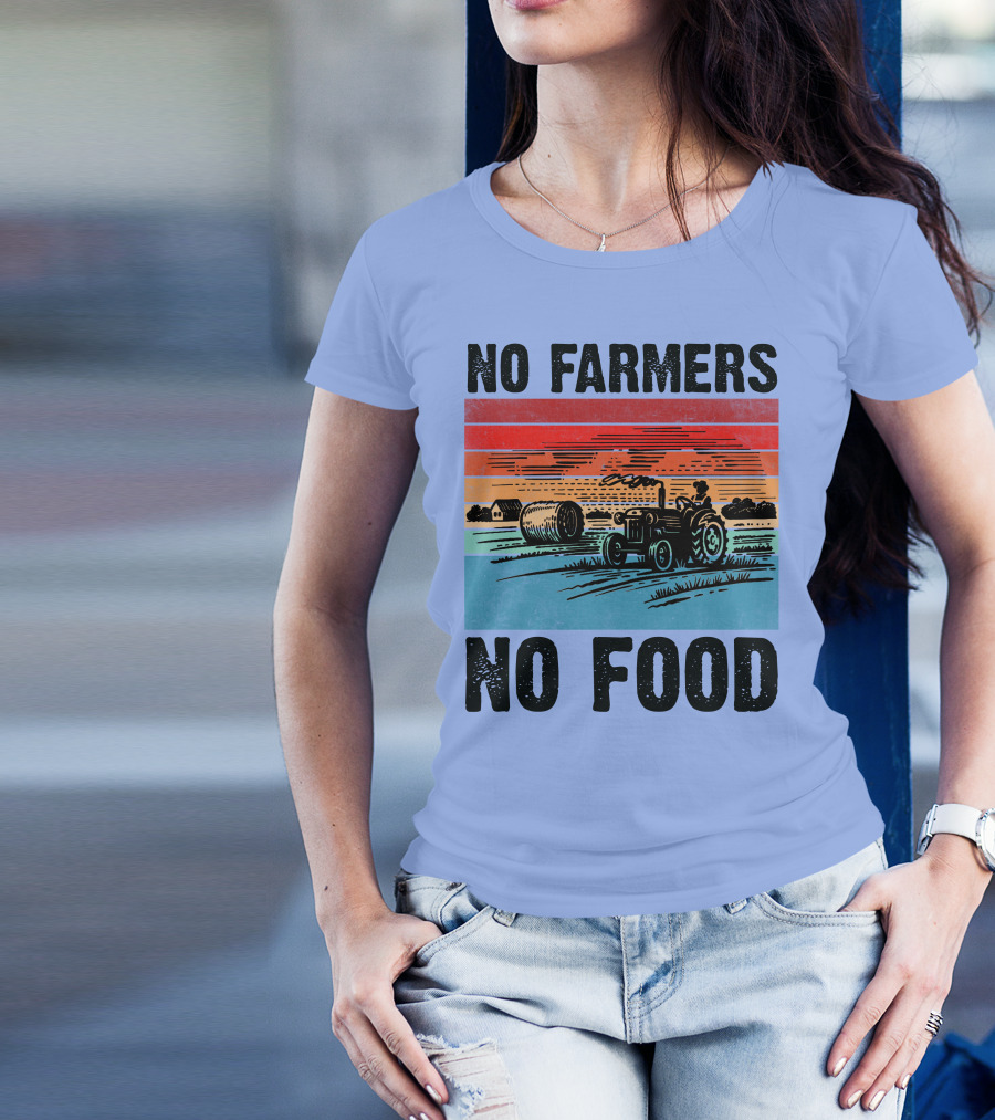 No Farmers No Food Vintage Tractor And Farm Scene T-Shirt
