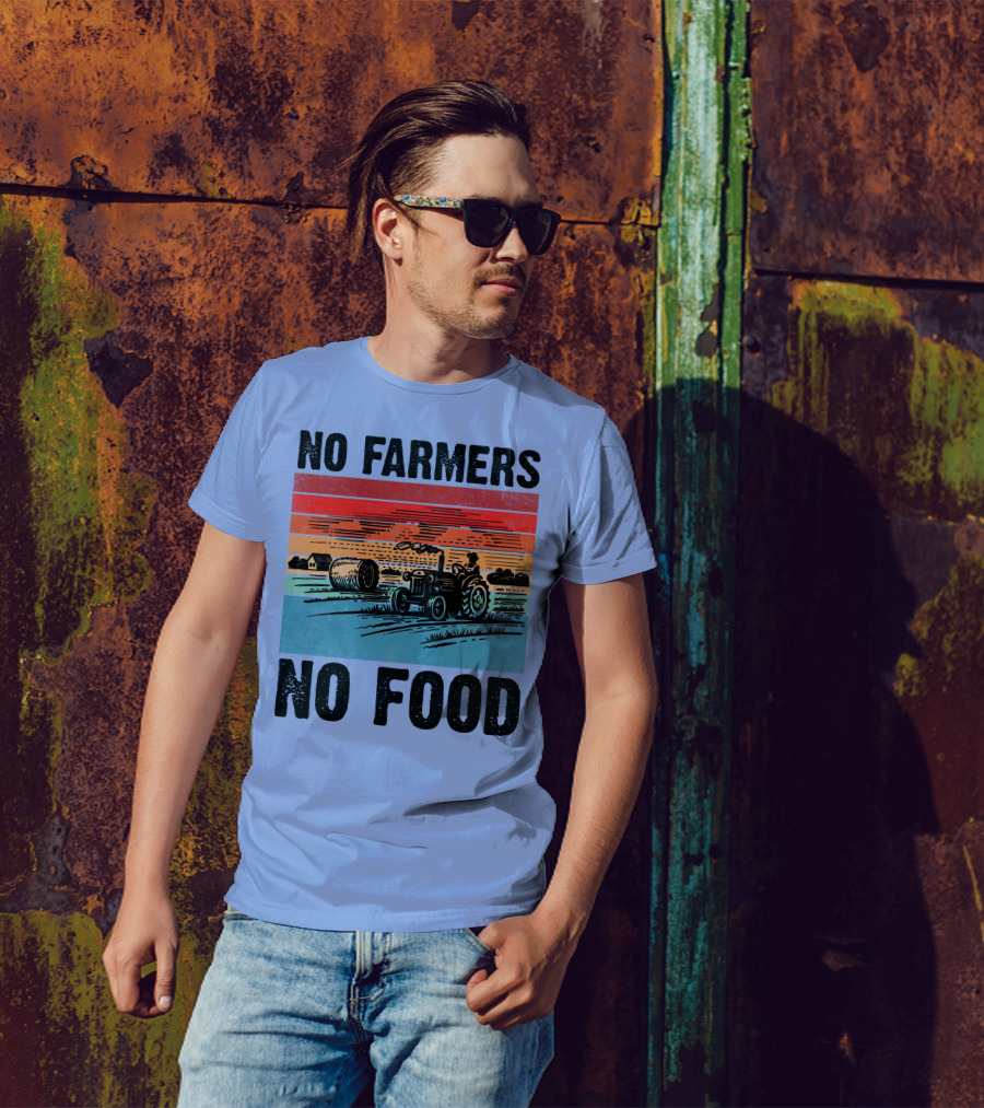 No Farmers No Food Vintage Tractor And Farm Scene T-Shirt