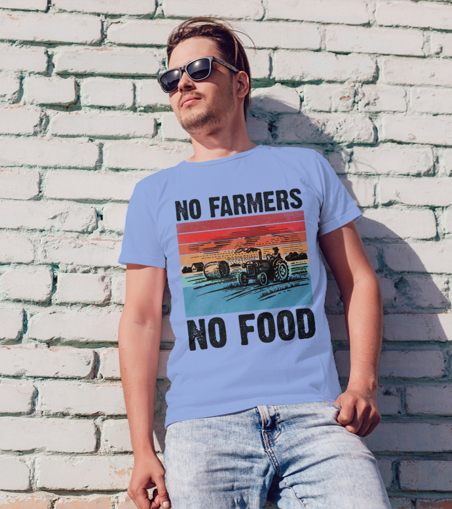 No Farmers No Food Vintage Tractor And Farm Scene T-Shirt