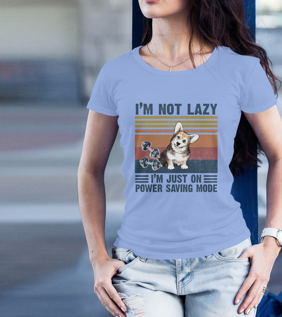 I'M NOT LAZY I'M JUST ON POWER SAVING MODE Corgi With Dumbbells Vintage Stripes T-Shirt