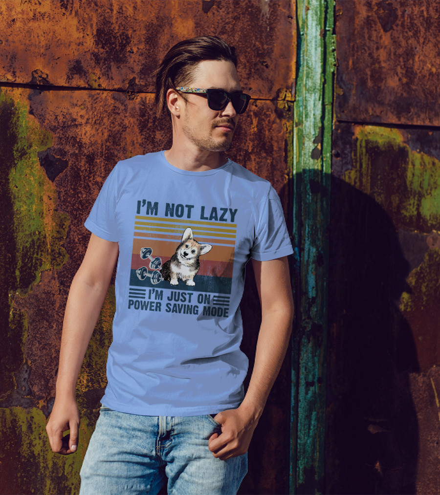 I'M NOT LAZY I'M JUST ON POWER SAVING MODE Corgi With Dumbbells Vintage Stripes T-Shirt