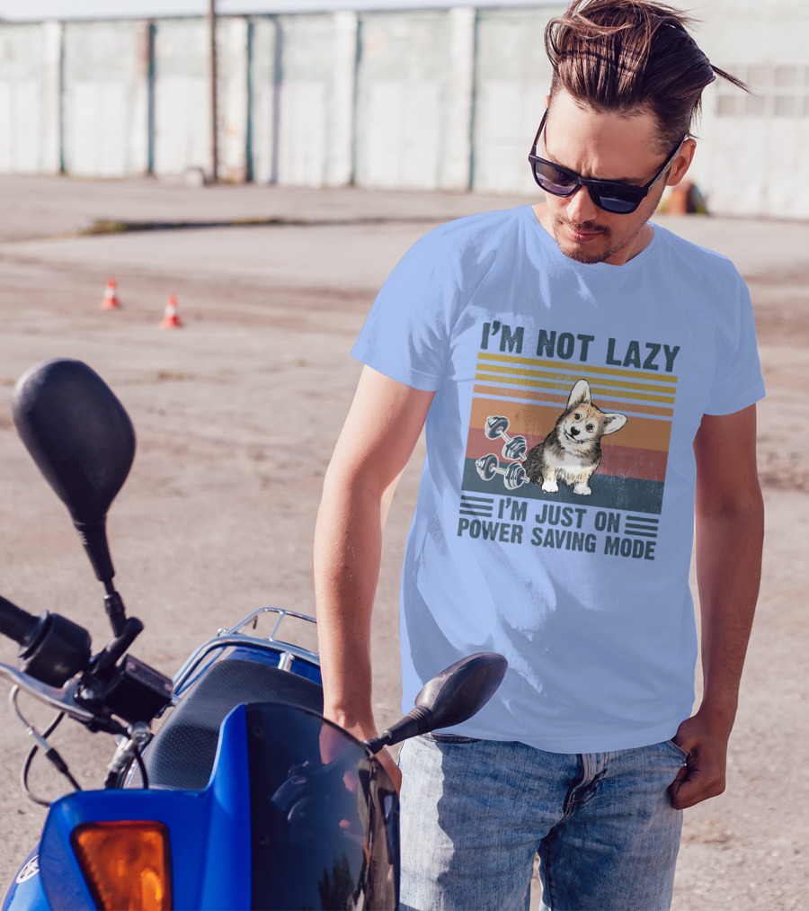 I'M NOT LAZY I'M JUST ON POWER SAVING MODE Corgi With Dumbbells Vintage Stripes T-Shirt