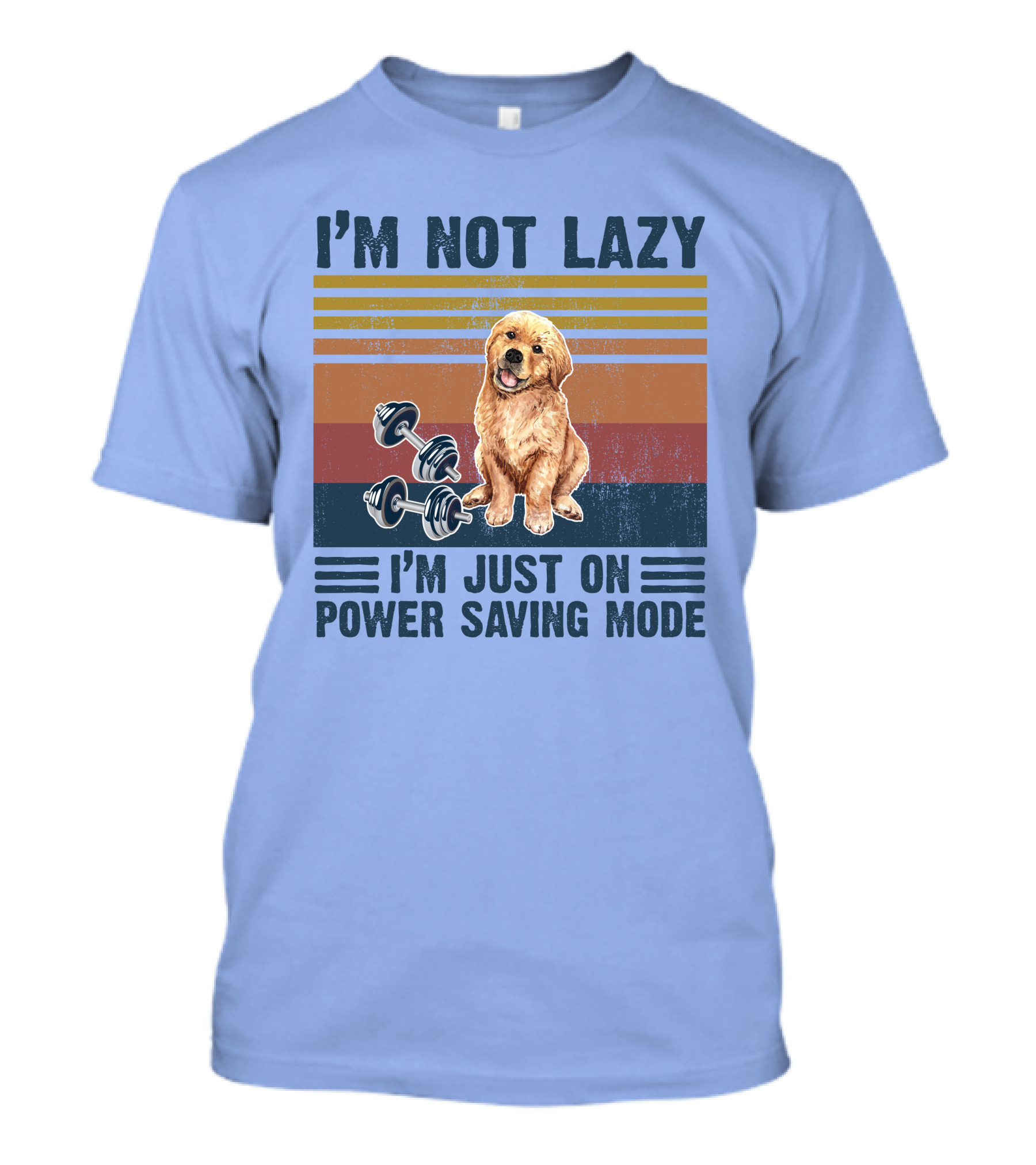 Golden Retriever I'm Not Lazy I'm Just On Power Saving Mode Dumbbells Retro Stripes T-Shirt
