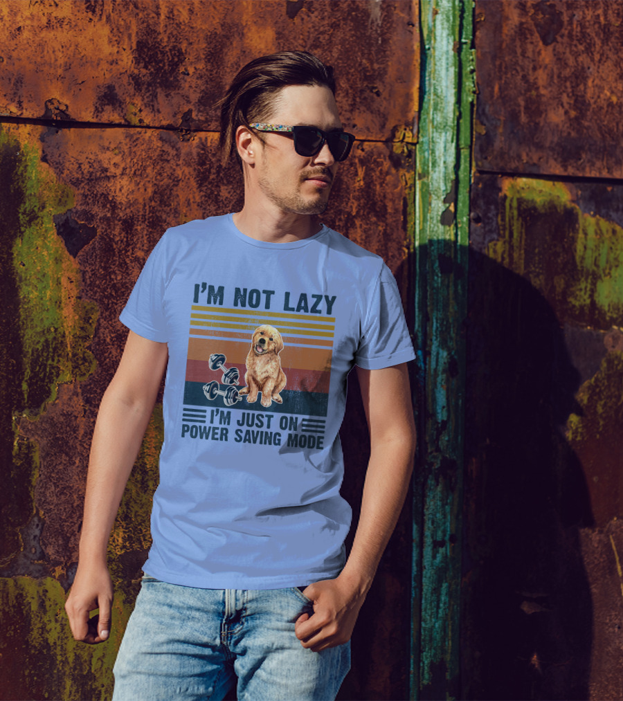 Golden Retriever I'm Not Lazy I'm Just On Power Saving Mode Dumbbells Retro Stripes T-Shirt