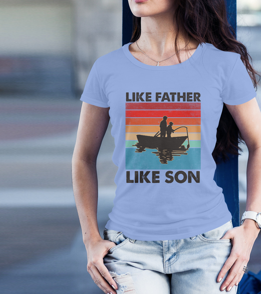 Like Father Like Son Fishing Boat Silhouette Retro Stripes T-Shirt