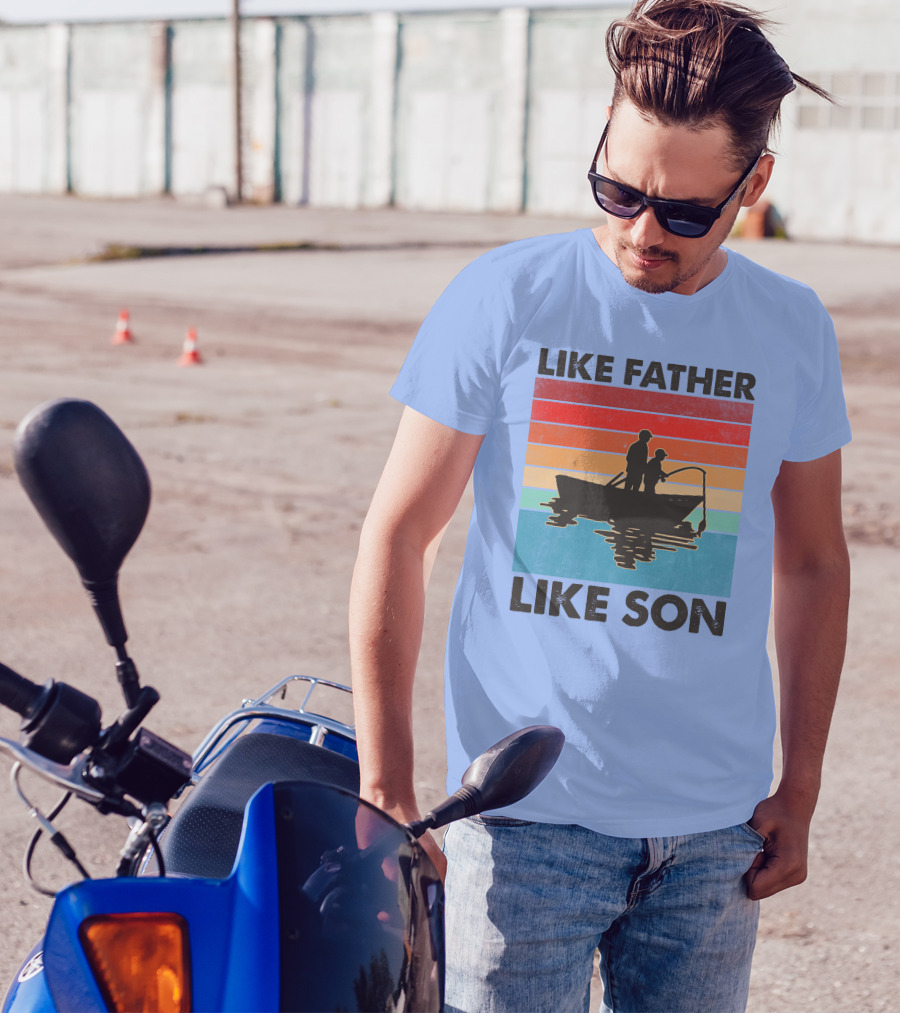 Like Father Like Son Fishing Boat Silhouette Retro Stripes T-Shirt