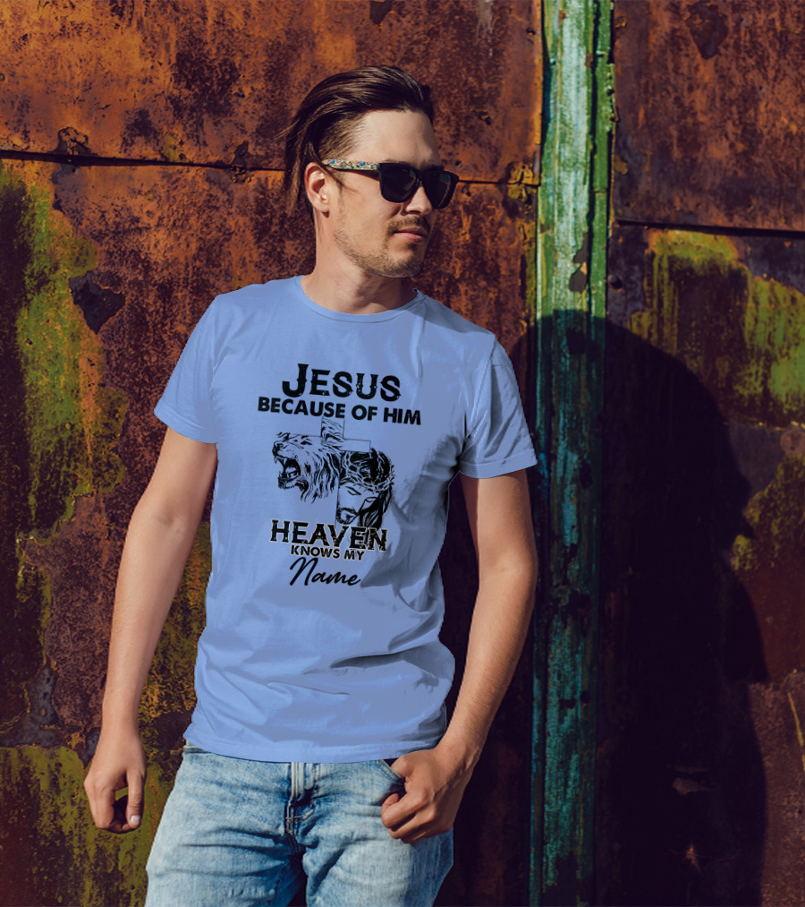 Jesus Because Of Him Heaven Knows My Name Lion Cross T-Shirt