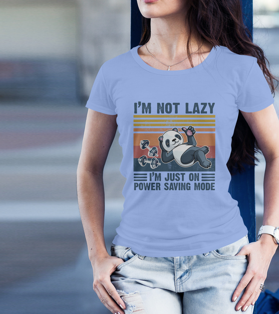 I'm Not Lazy I'm Just On Power Saving Mode RD Panda Retro Stripes And Dumbbells T-Shirt