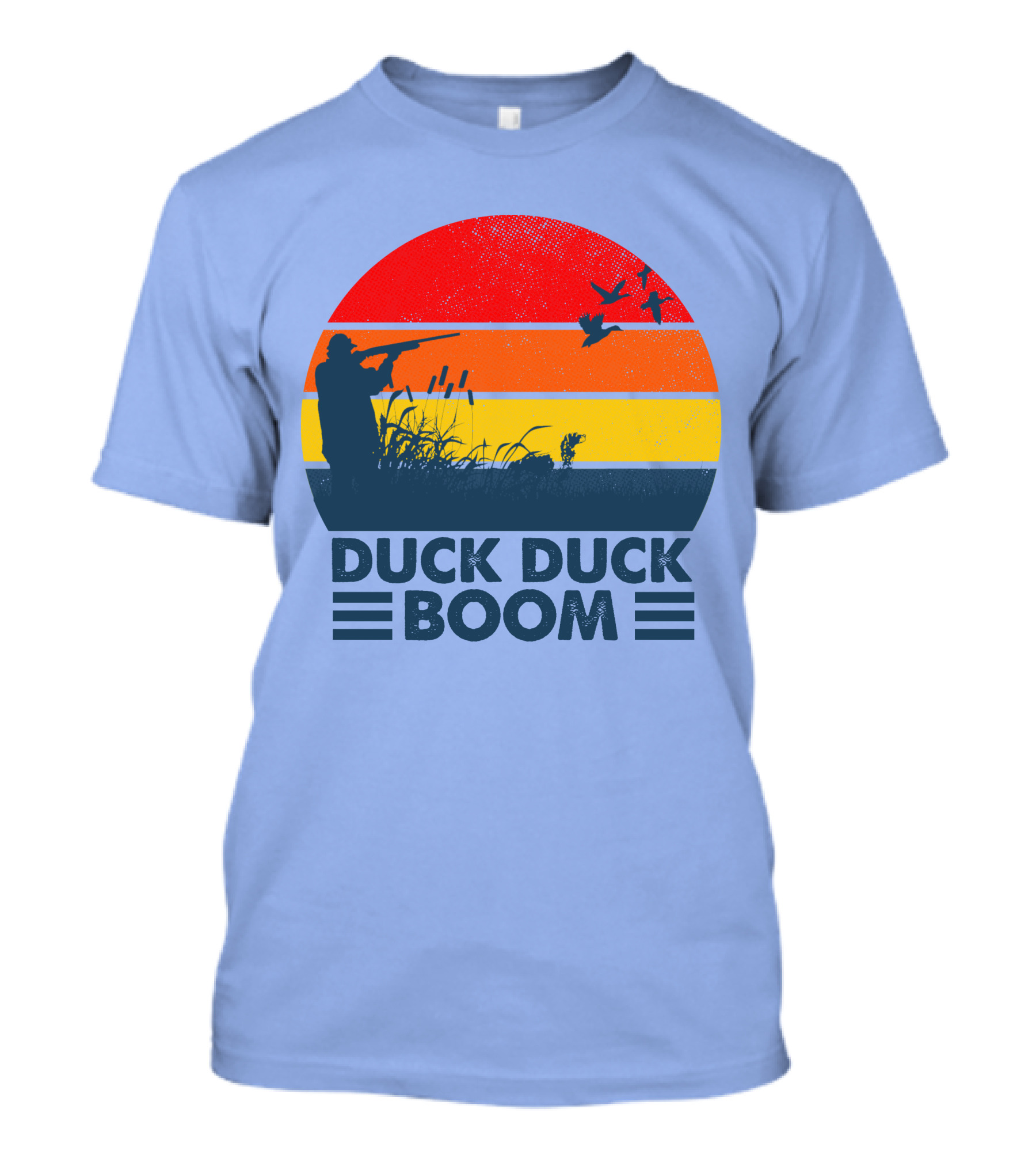 Duck Duck Boom Retro Hunting Silhouette With Bold Sunset Stripes T-Shirt