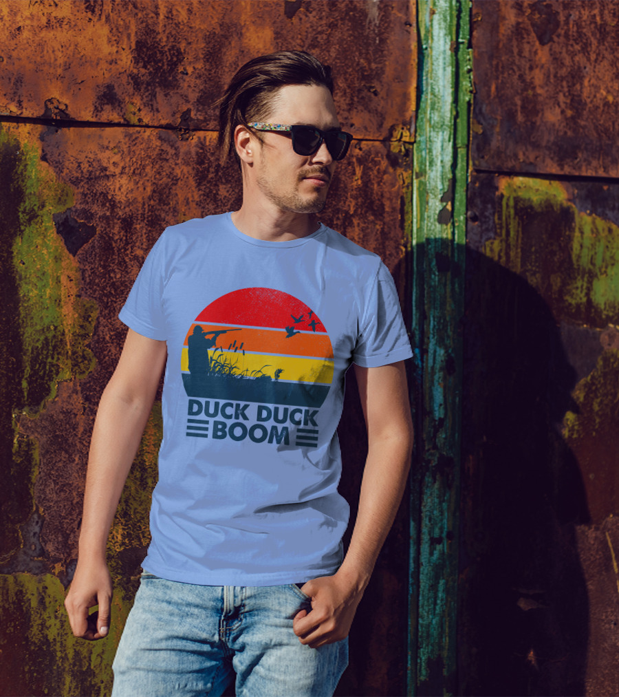 Duck Duck Boom Retro Hunting Silhouette With Bold Sunset Stripes T-Shirt