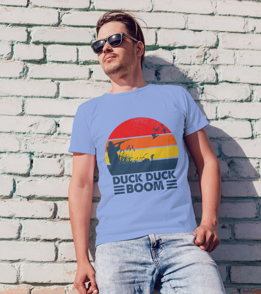 Duck Duck Boom Retro Hunting Silhouette With Bold Sunset Stripes T-Shirt