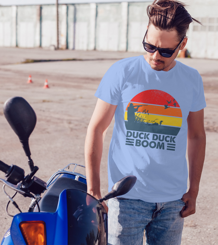 Duck Duck Boom Retro Hunting Silhouette With Bold Sunset Stripes T-Shirt