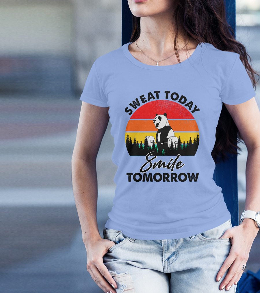 Sweat Today Smile Tomorrow Panda Weight Lifting Vintage Retro Backdrop T-Shirt