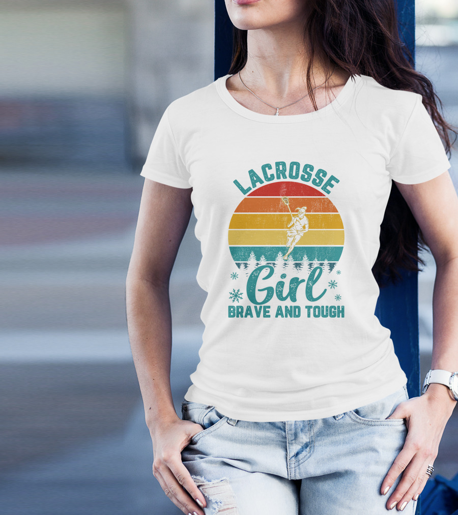 Lacrosse Girl Brave And Tough Vintage Stripes Forest Snowflakes T-Shirt