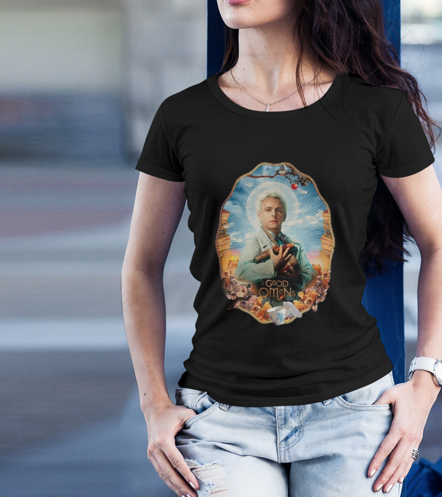 Good Omens Aziraphale Holding Books And Broken Tea Cup With Halo And Clouds T-Shirt