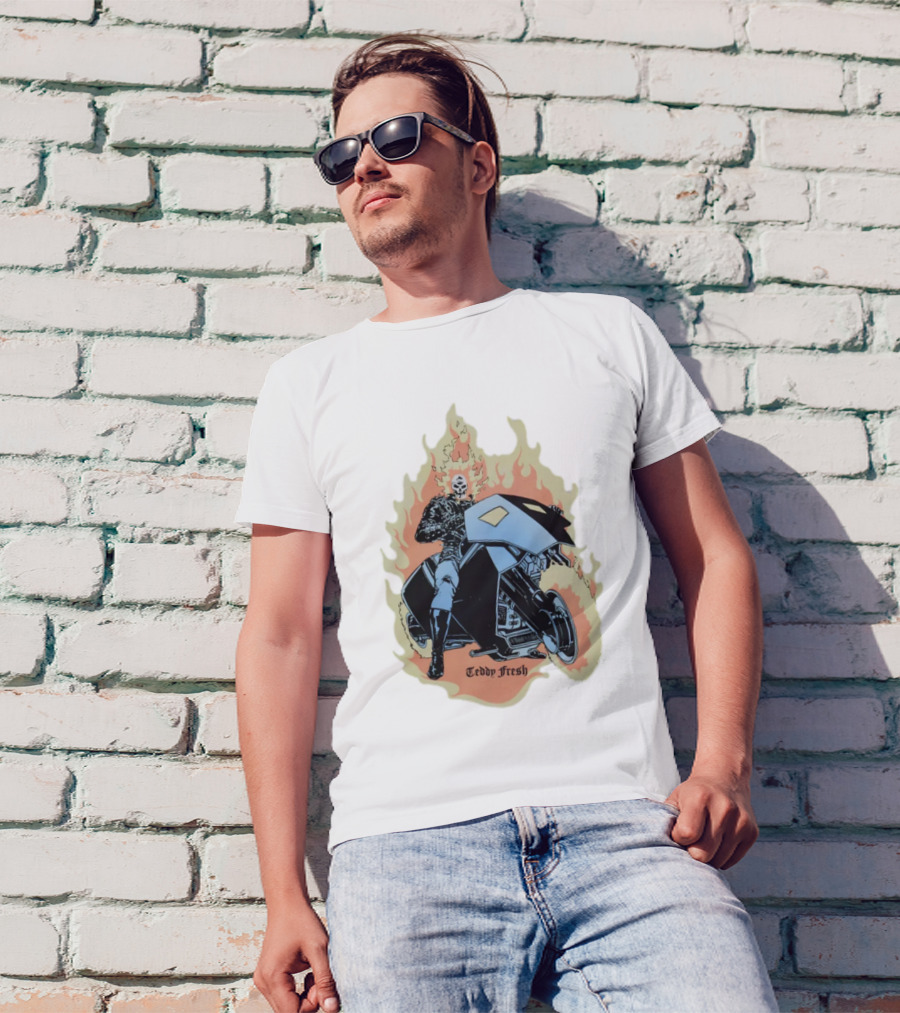 Teddy Fresh Tf X Marvel Ghost Rider Uv Activated Flames Motorcycle T-Shirt