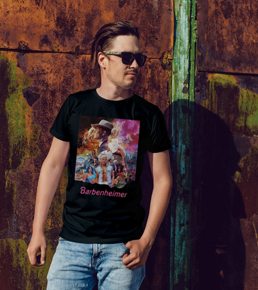 Barbenheimer Explosive Vintage Mashup In Vibrant Retro Style With Iconic Characters T-Shirt