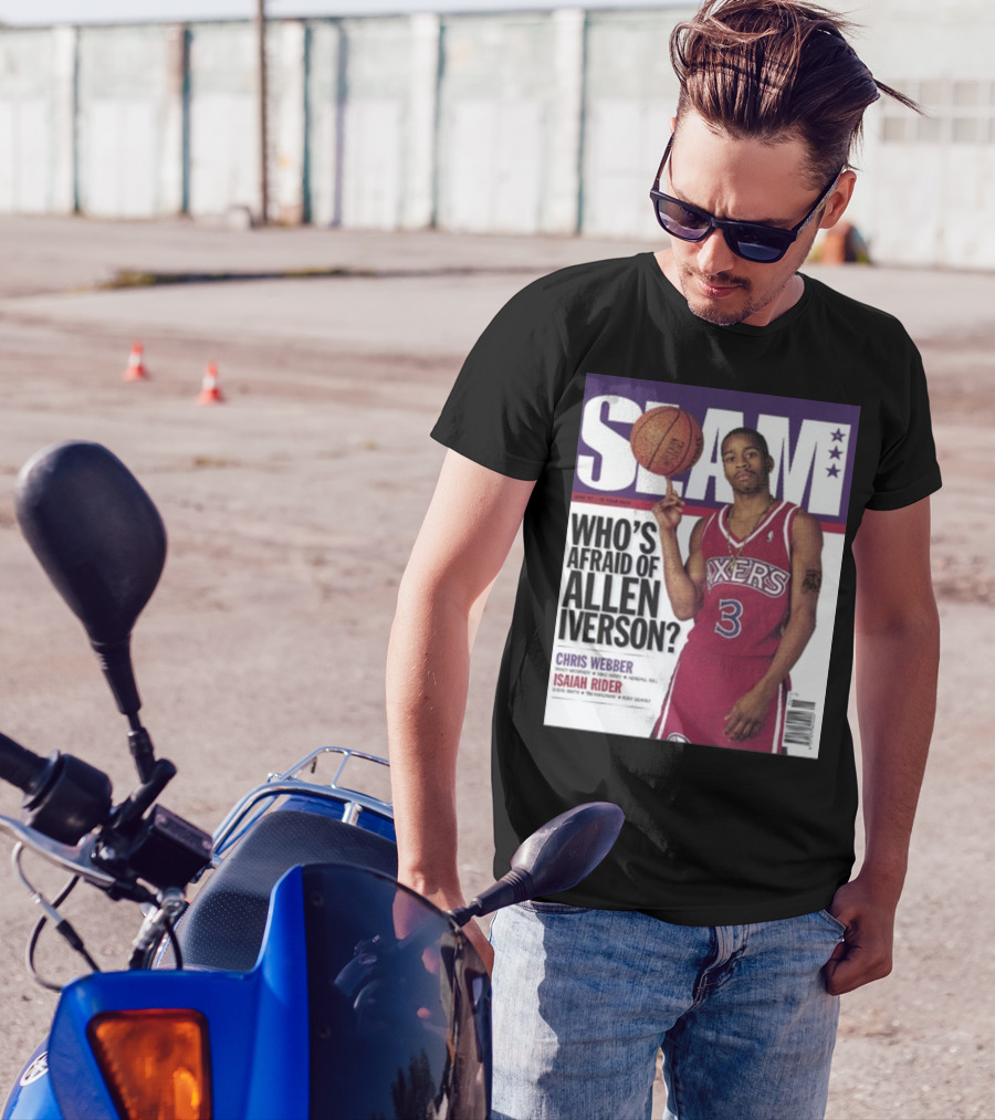 Slam Magazine Cover: Allen Iverson In Sixers Jersey With Who's Afraid Of Allen Iverson Headline T-Shirt