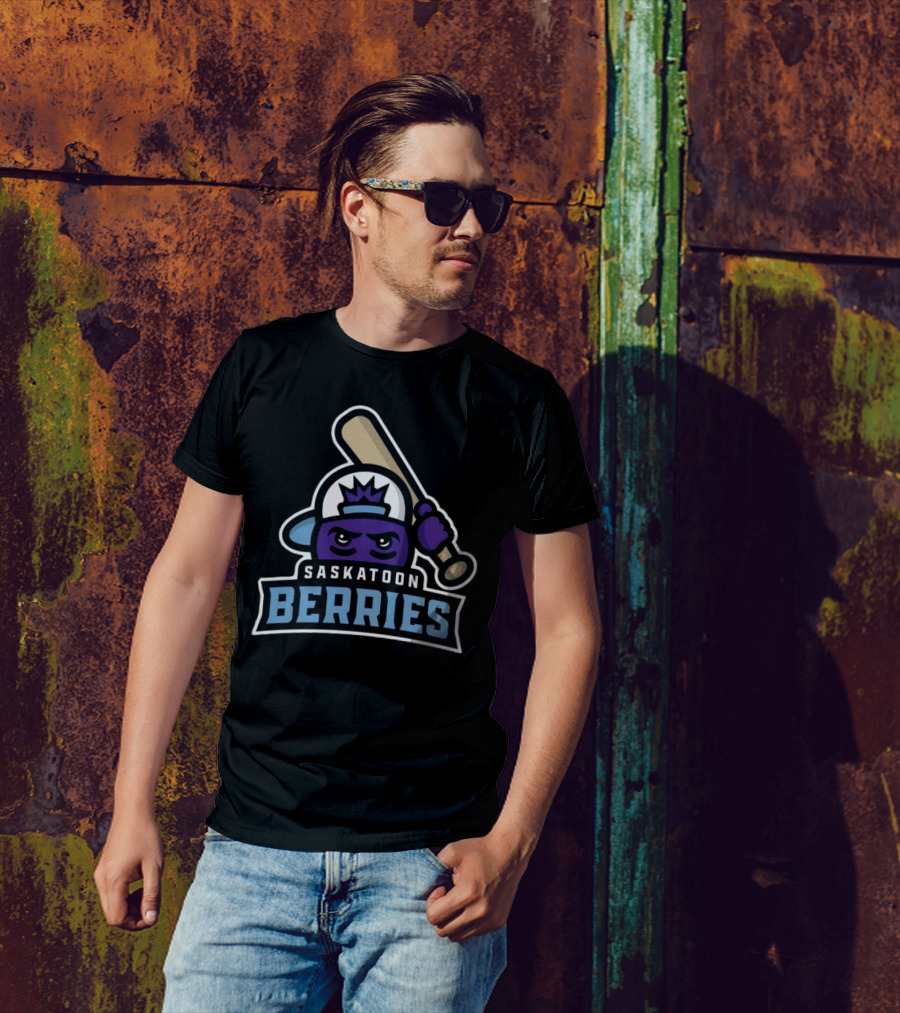 Saskatoon Berries Baseball Mascot With Crown And Bat T-Shirt