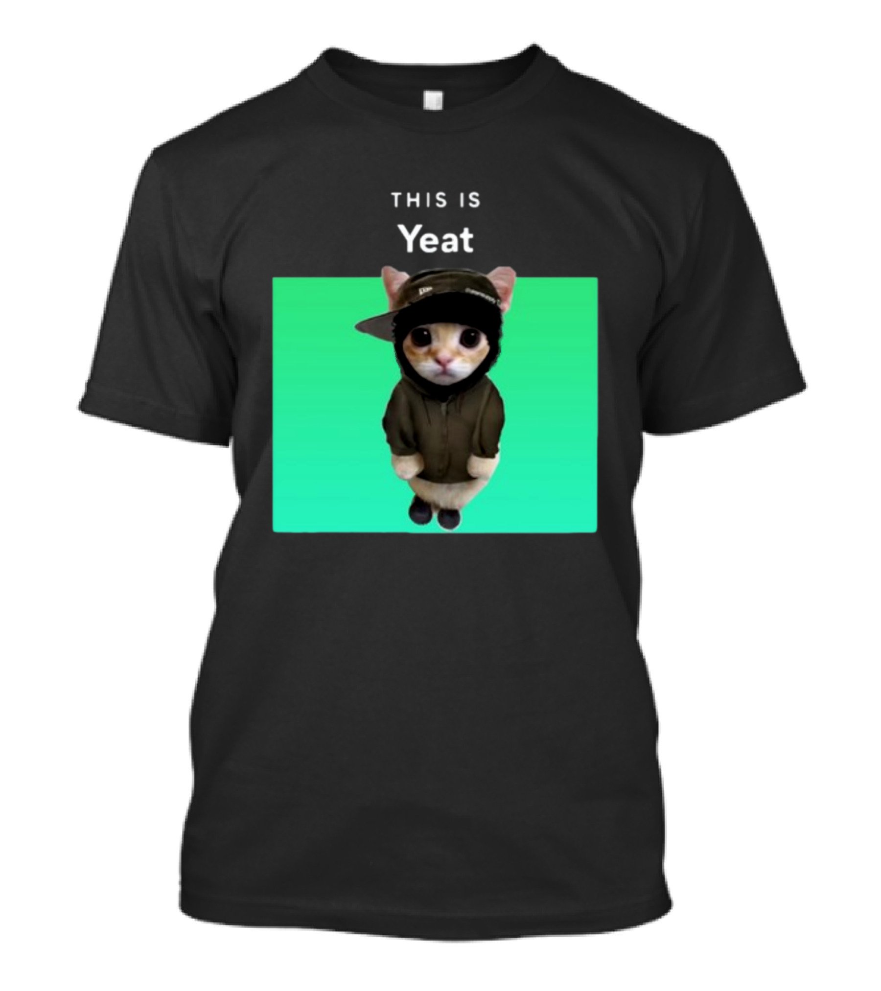 Yeat Cat Wearing Hoodie And Cap On Green Background T-Shirt