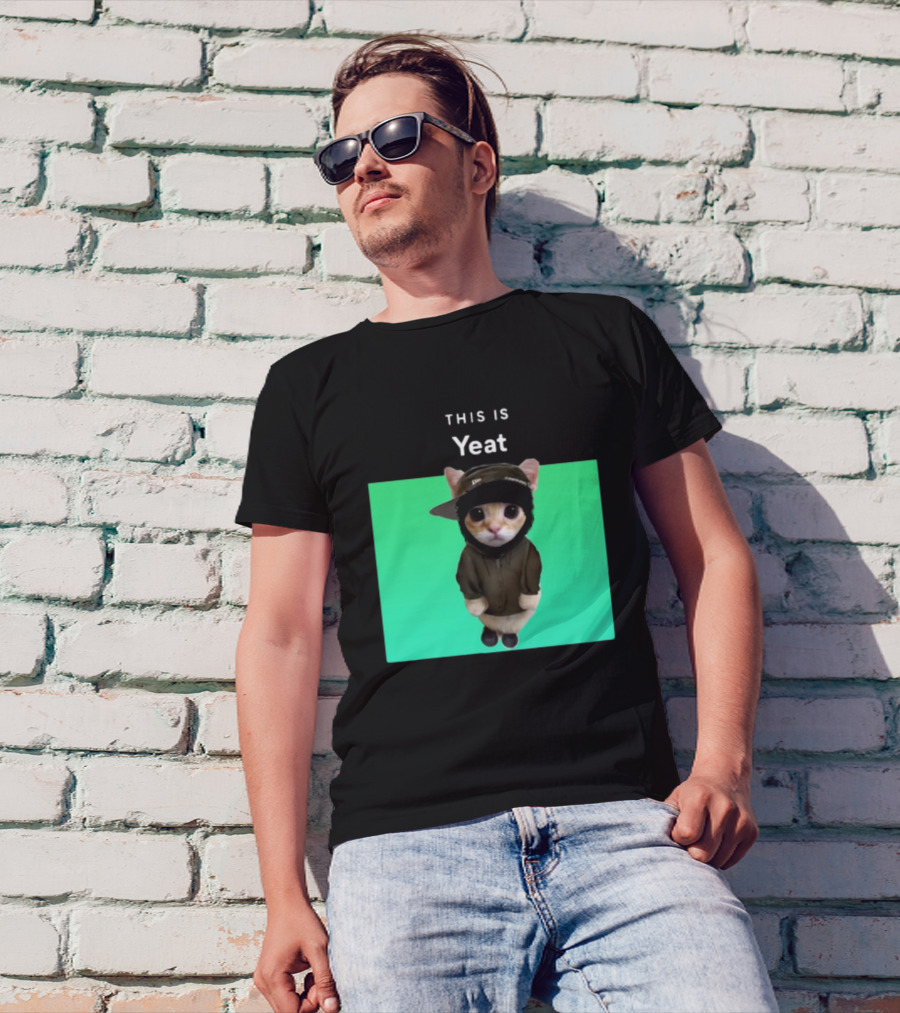 Yeat Cat Wearing Hoodie And Cap On Green Background T-Shirt