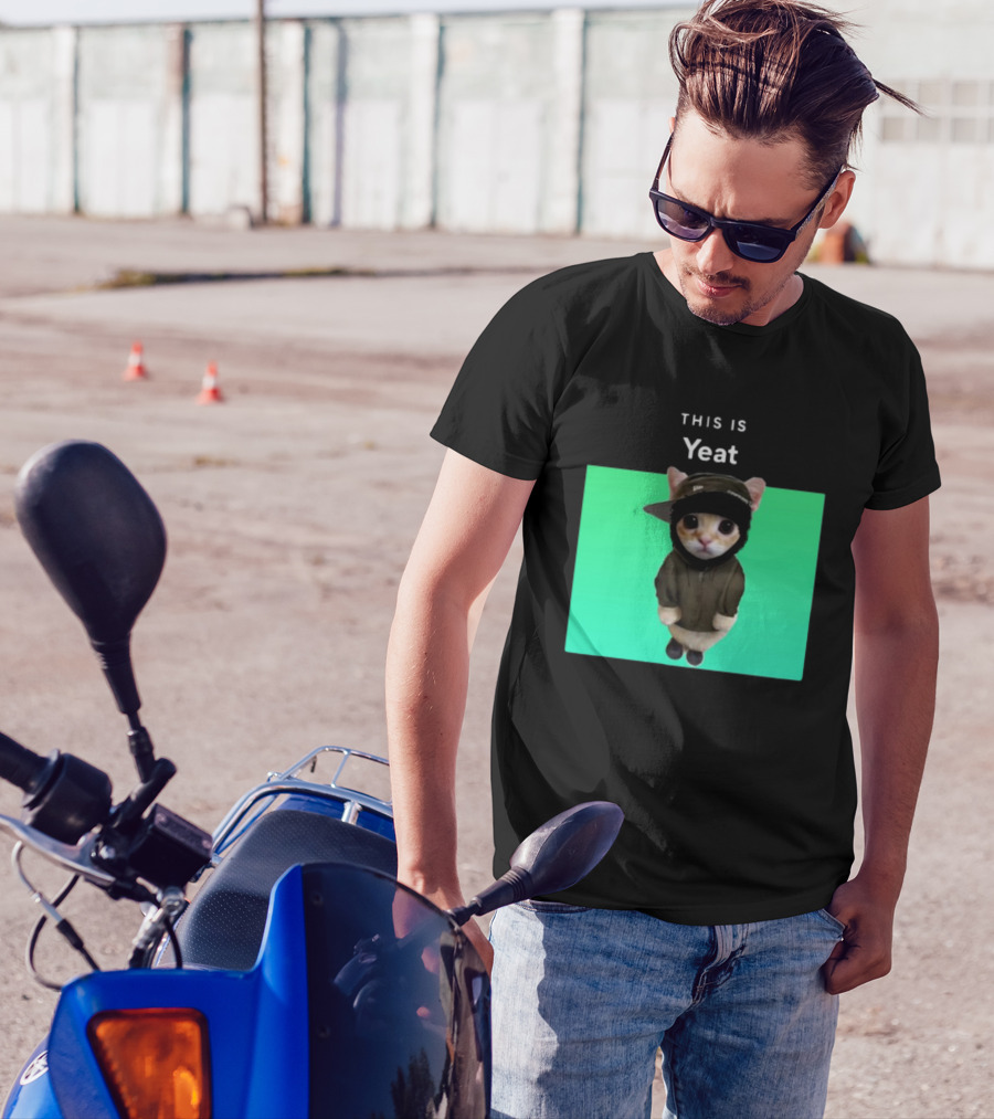 Yeat Cat Wearing Hoodie And Cap On Green Background T-Shirt