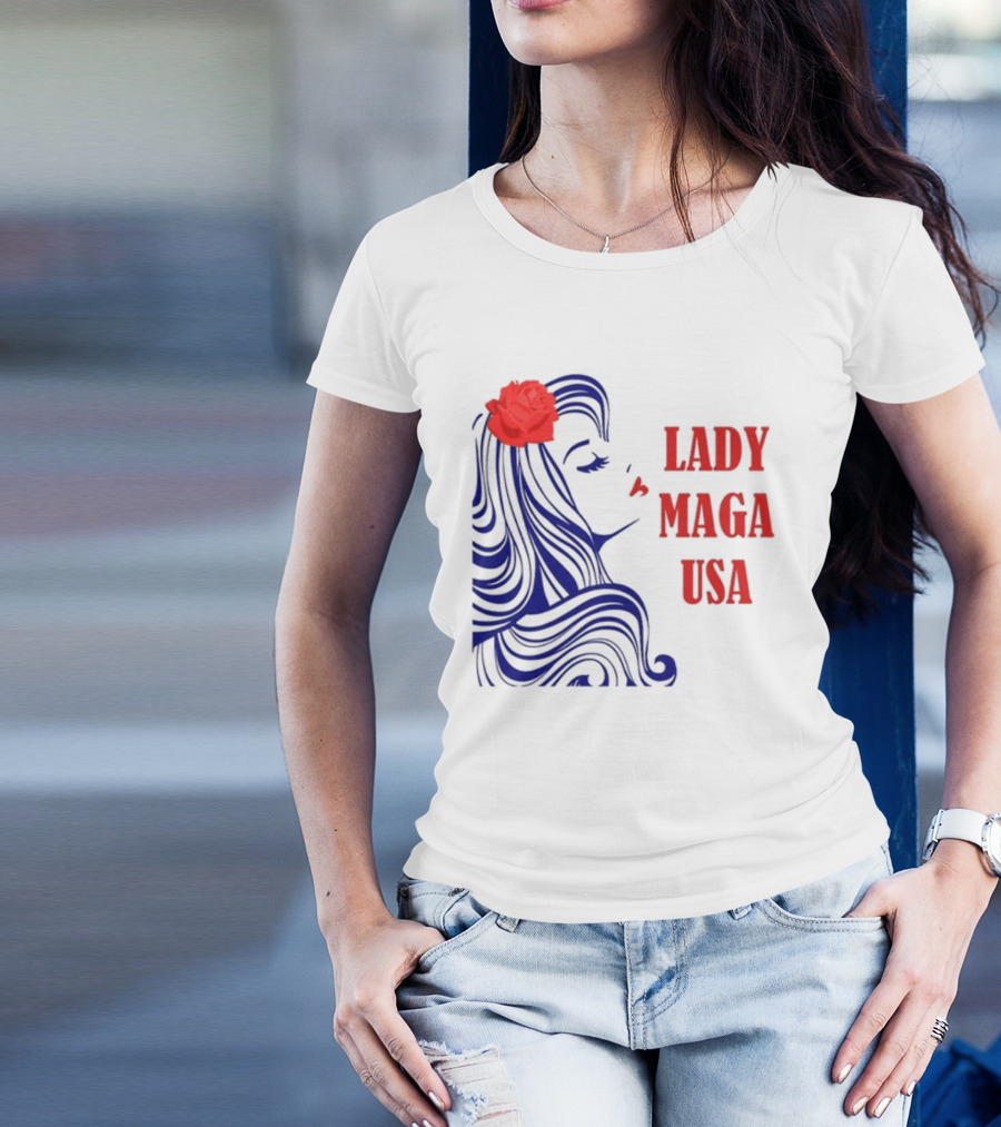 Lady Maga USA Bold Red And Blue Portrait With Rose T-Shirt