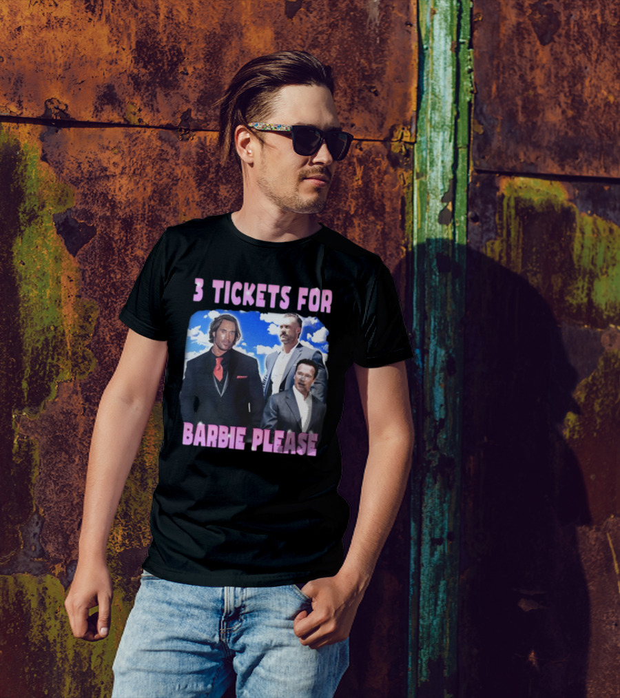 Memeabletees 3 Tickets For Barbie Please With Three Men In Suits T-Shirt