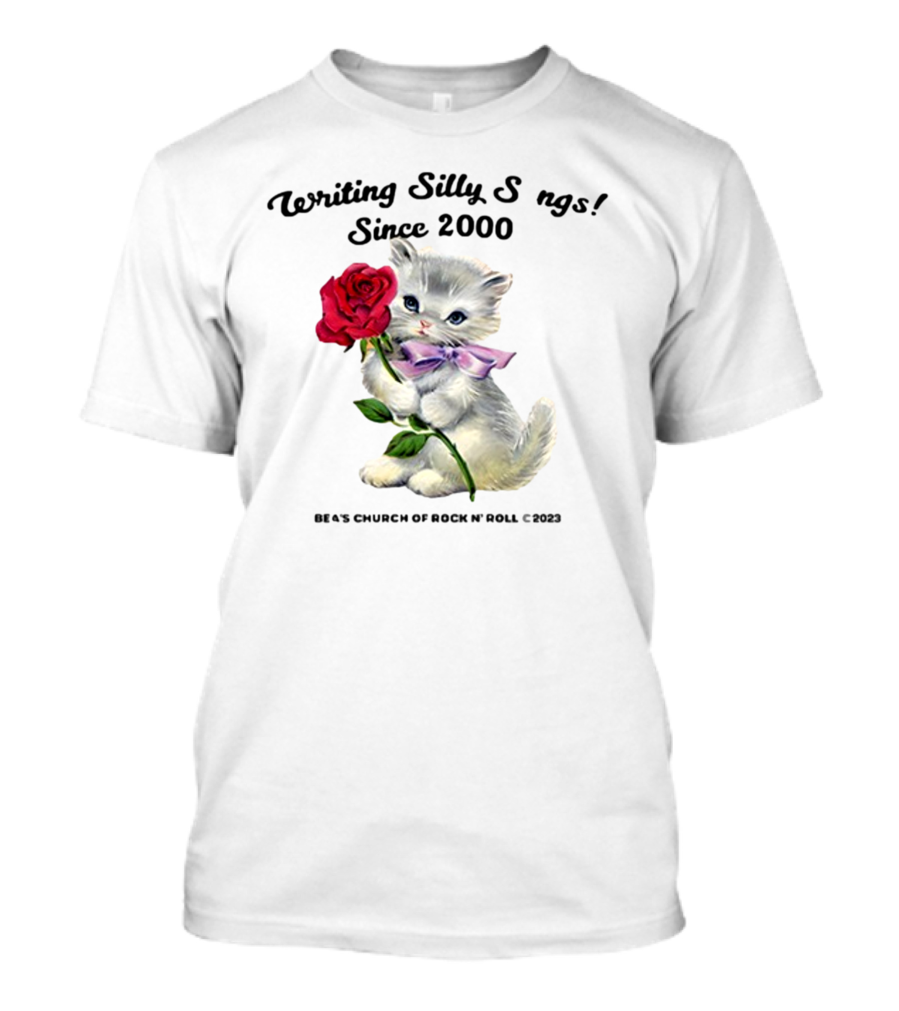 Writing Silly Songs Since 2000 Cute Kitten With Red Rose And Pink Bow T-Shirt