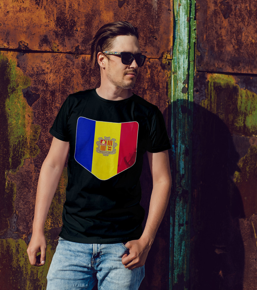 Andorra Flag Pocket Print Andorran Colors Crest Emblem T-Shirt