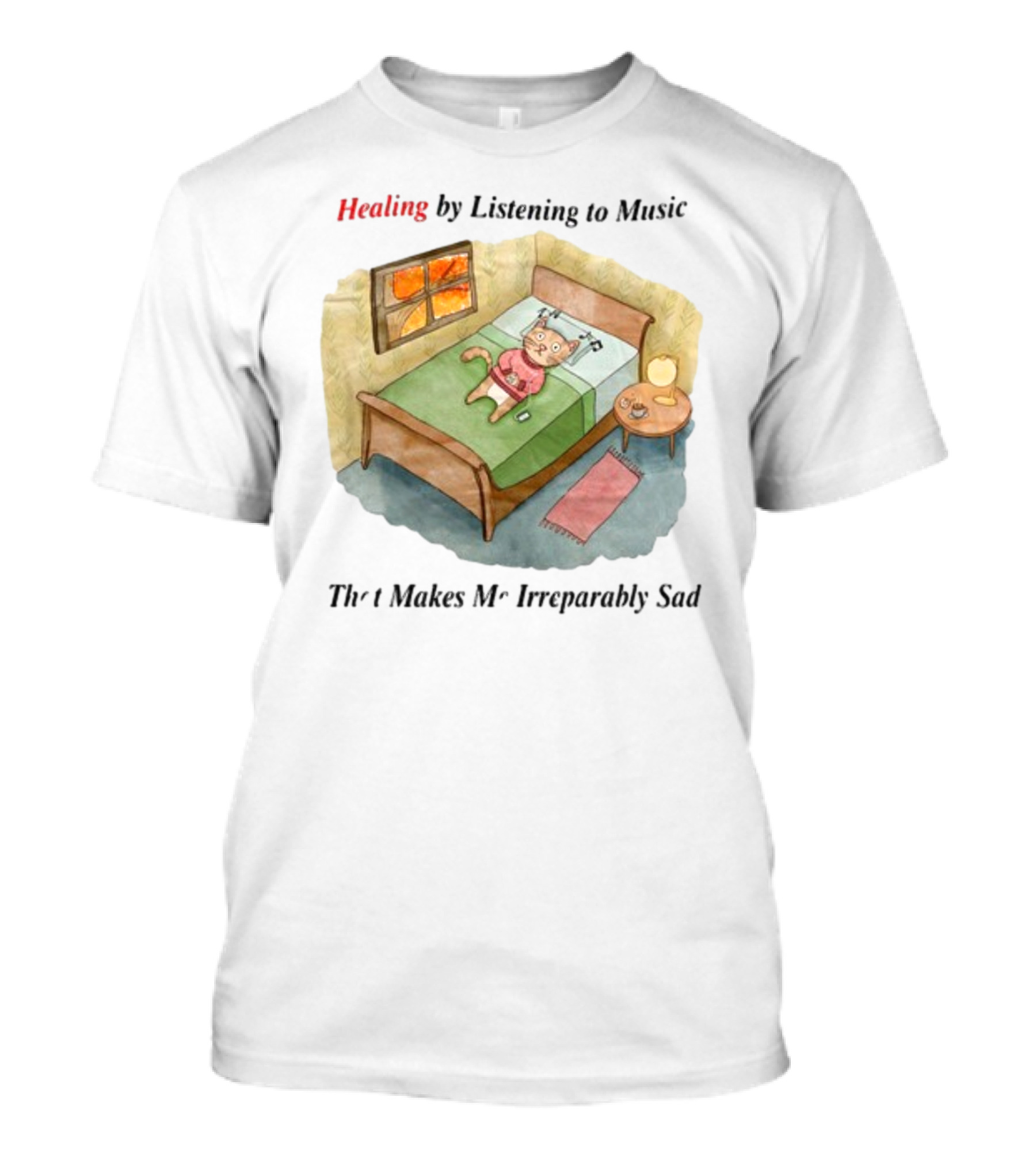 Healing By Listening To Music That Makes Me Irreparably Sad Bear On Bed With Phone And Candle Scene T-Shirt