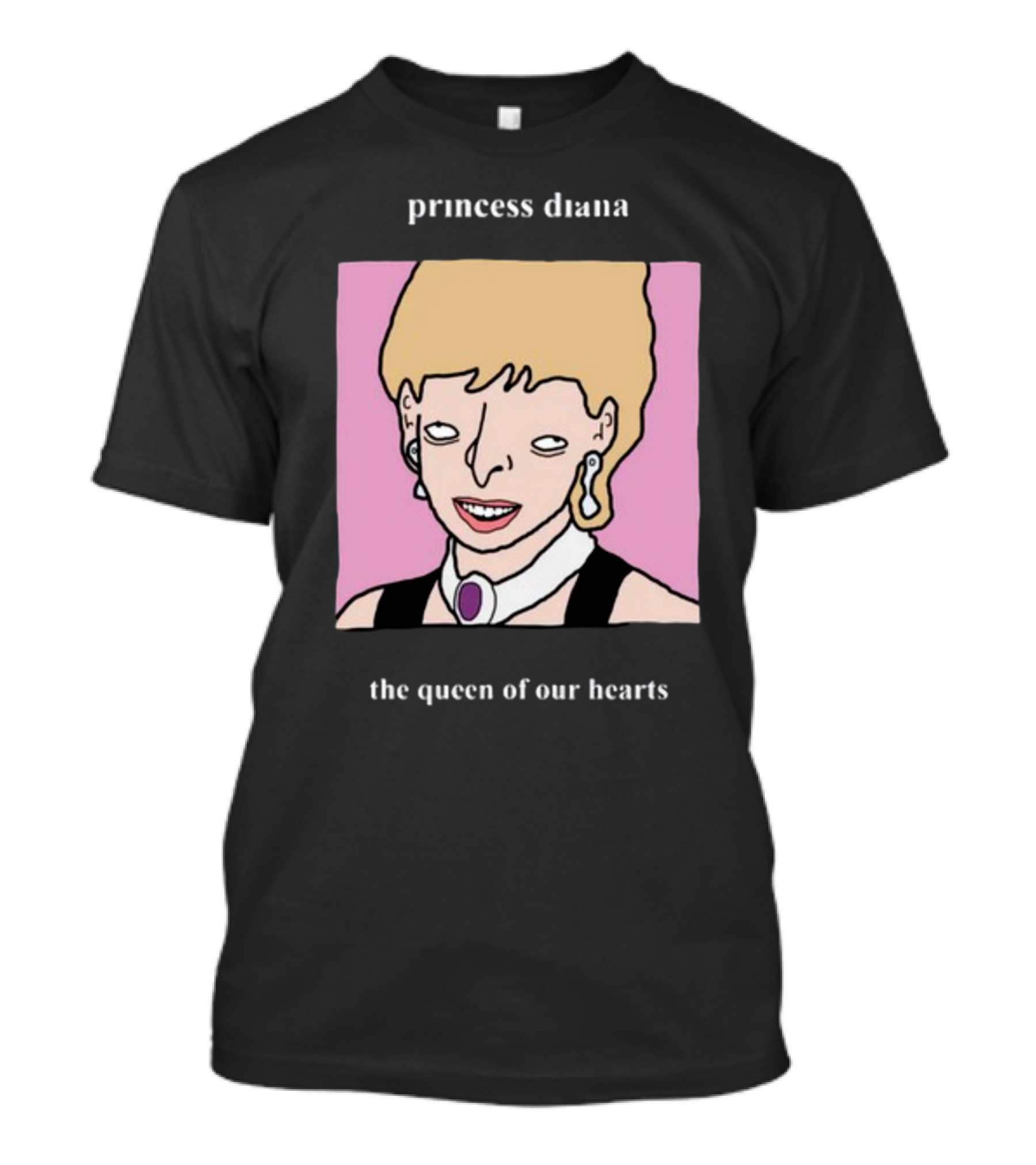 Princess Diana The Queen Of Our Hearts Cartoon Portrait On Pink Background T-Shirt