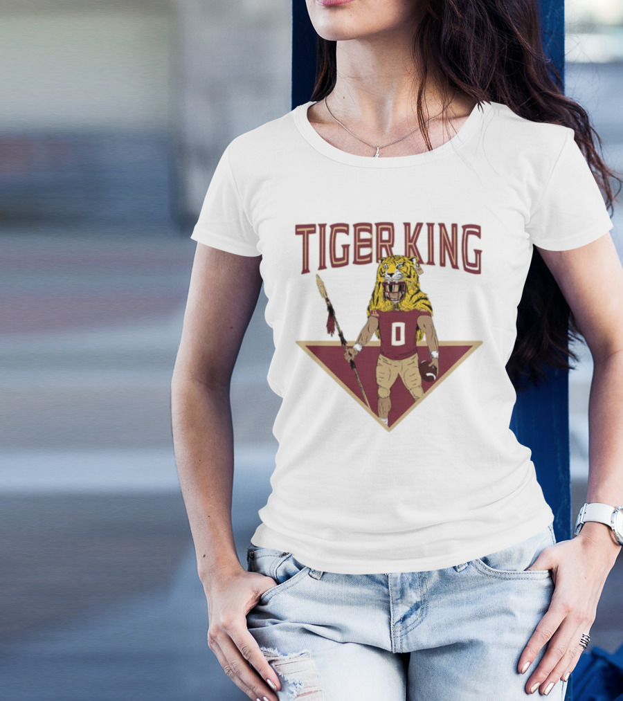 Tiger King Football Player In Tiger Helmet Holding Spear And Football T-Shirt