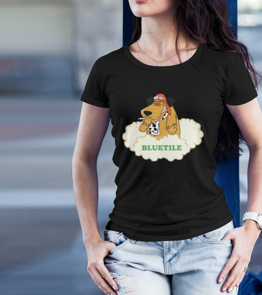 Bluetile Smiling Dog With Aviator Goggles And Bone Scarf In Clouds T-Shirt