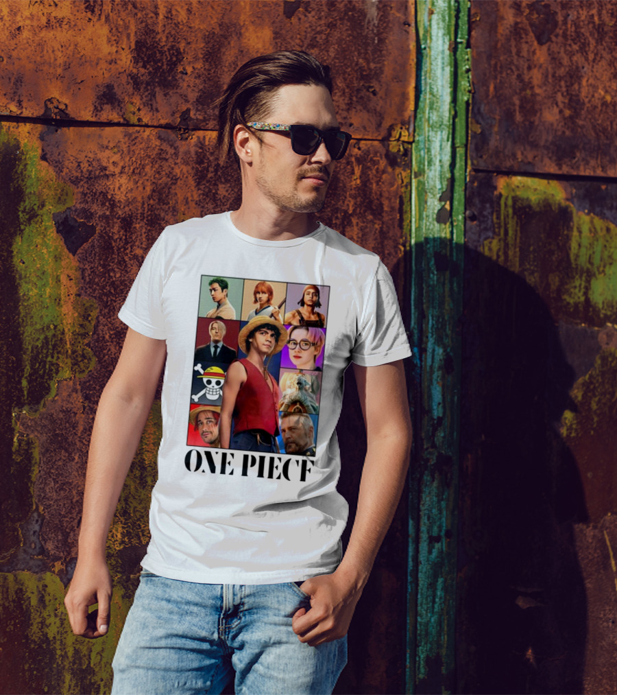 One Piece Characters Collage With Skull And Straw Hat T-Shirt