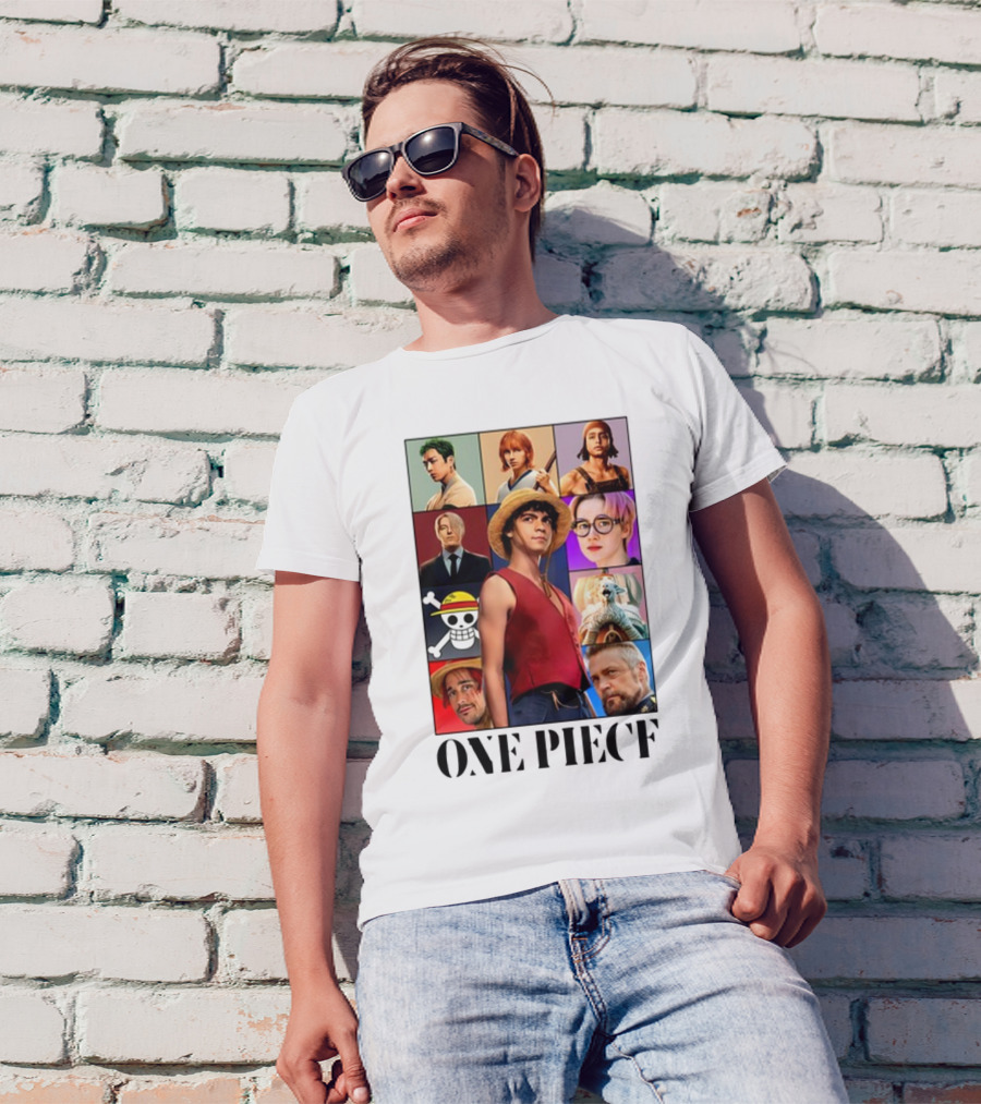 One Piece Characters Collage With Skull And Straw Hat T-Shirt