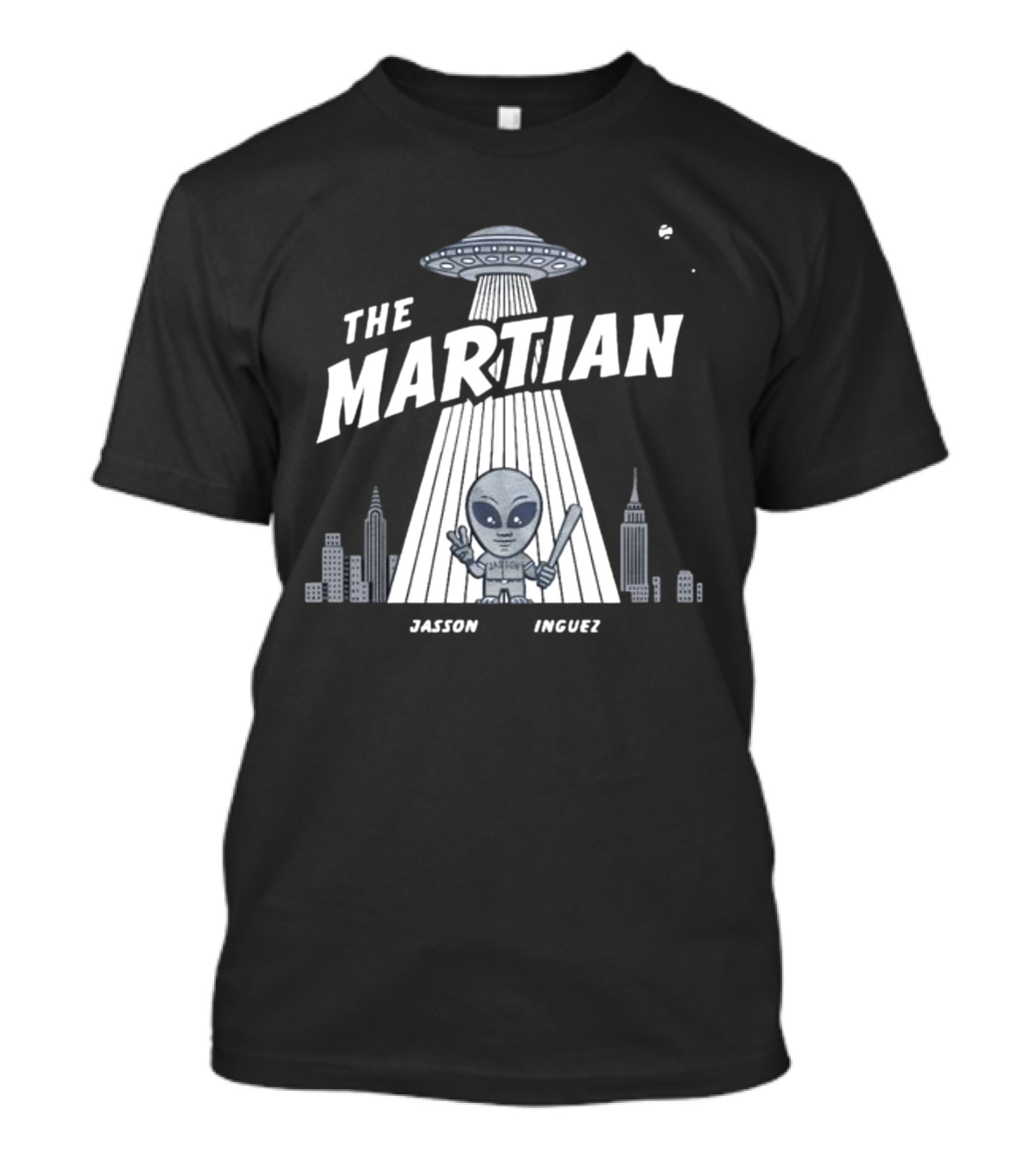Jasson Dominguez The Martian Alien With Bat And UFO In Cityscape T-Shirt