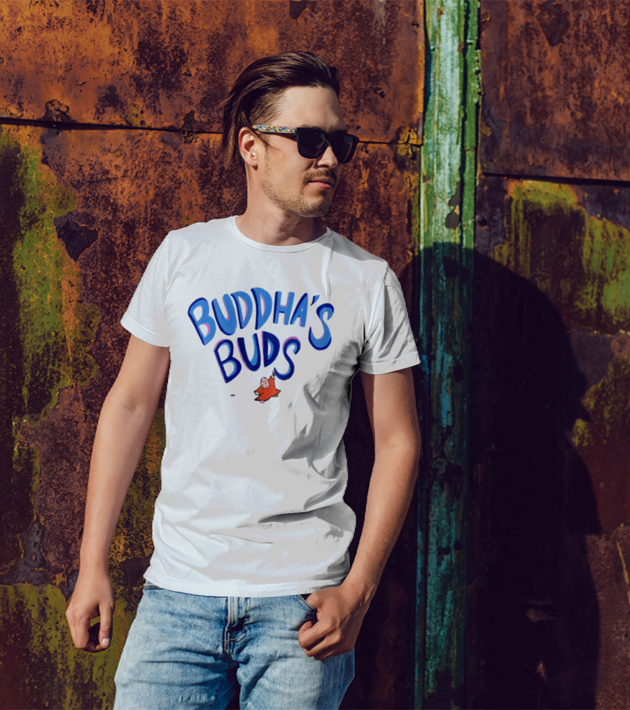 Buddha's Buds Blue Lettering With Cartoon Figure T-Shirt