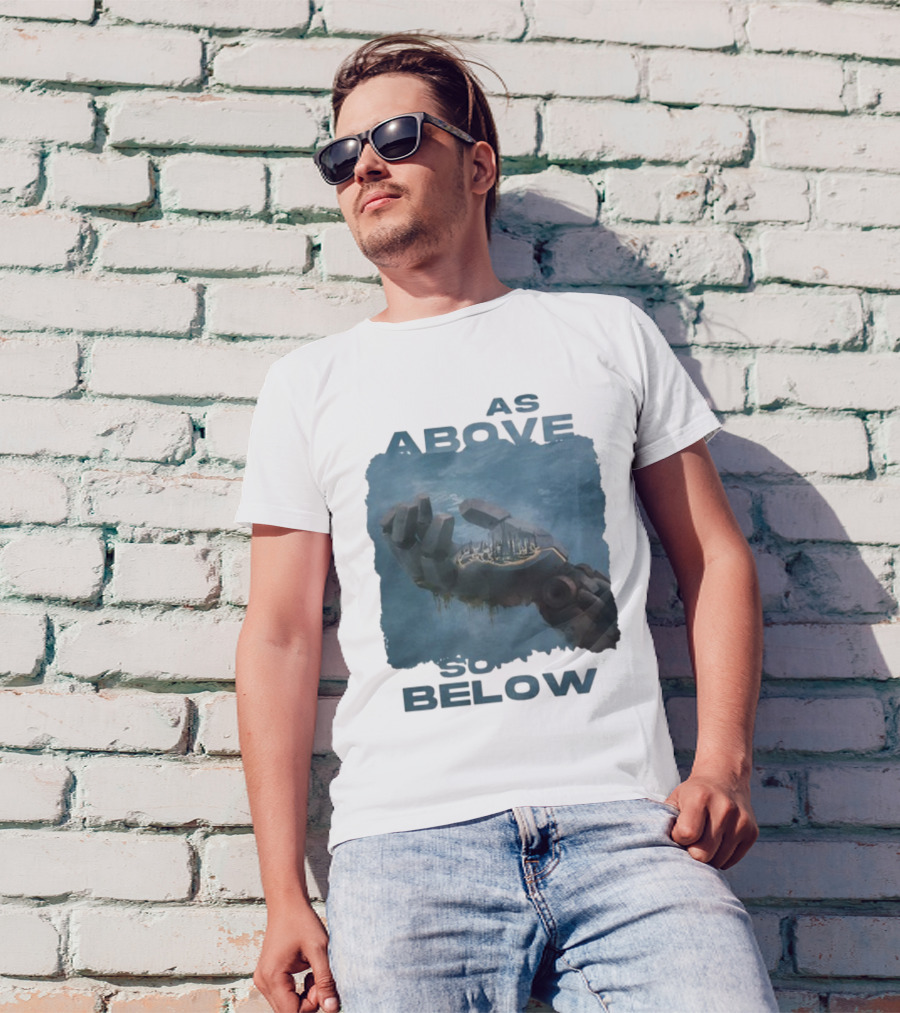 Essenger X Cryoshell As Above So Below Robotic Hand Holding Cityscape T-Shirt