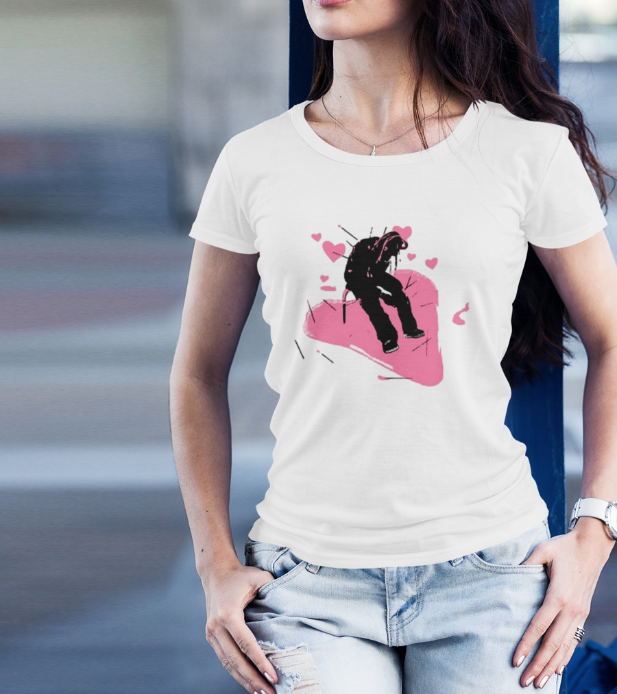 Drokenji Hearts White Pink Heart Black T-Shirt