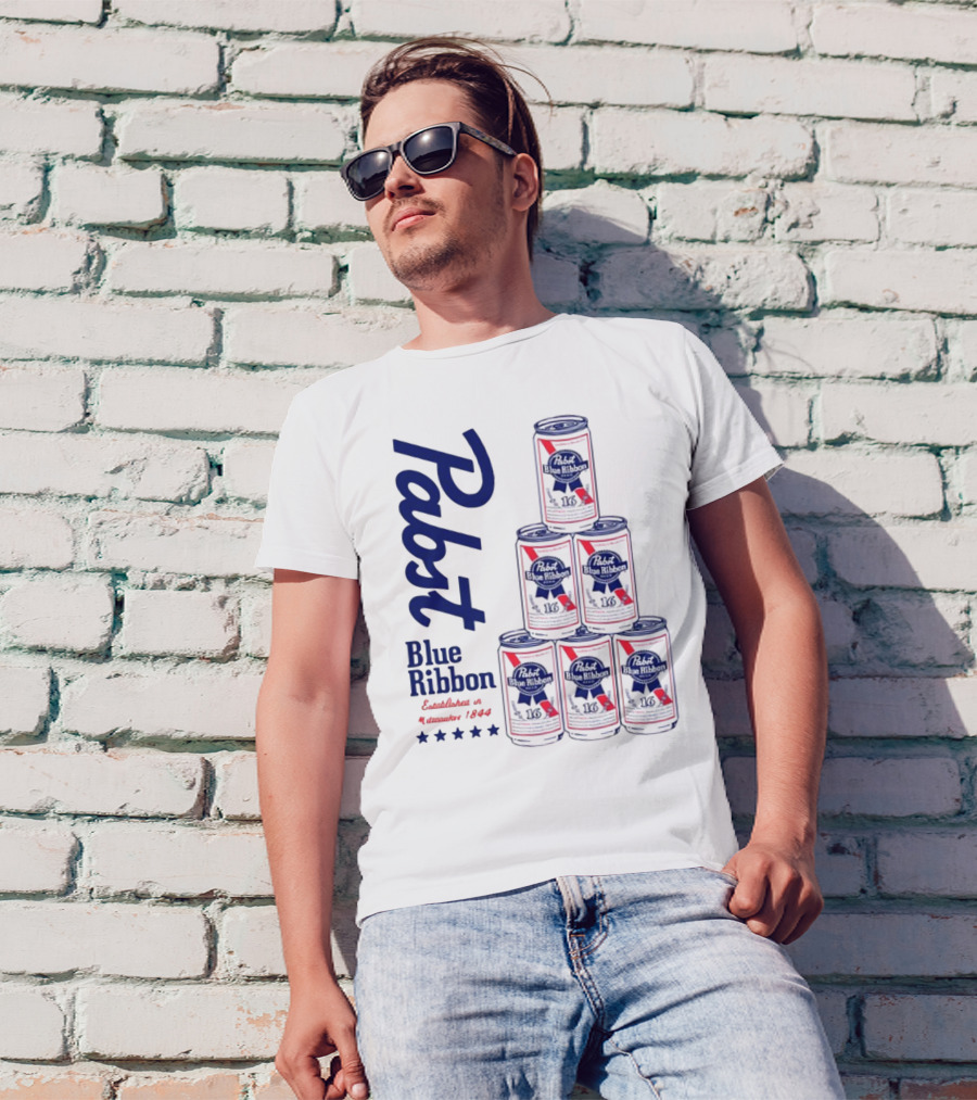 Pabst Blue Ribbon Beer Can Pyramid Established 1844 T-Shirt