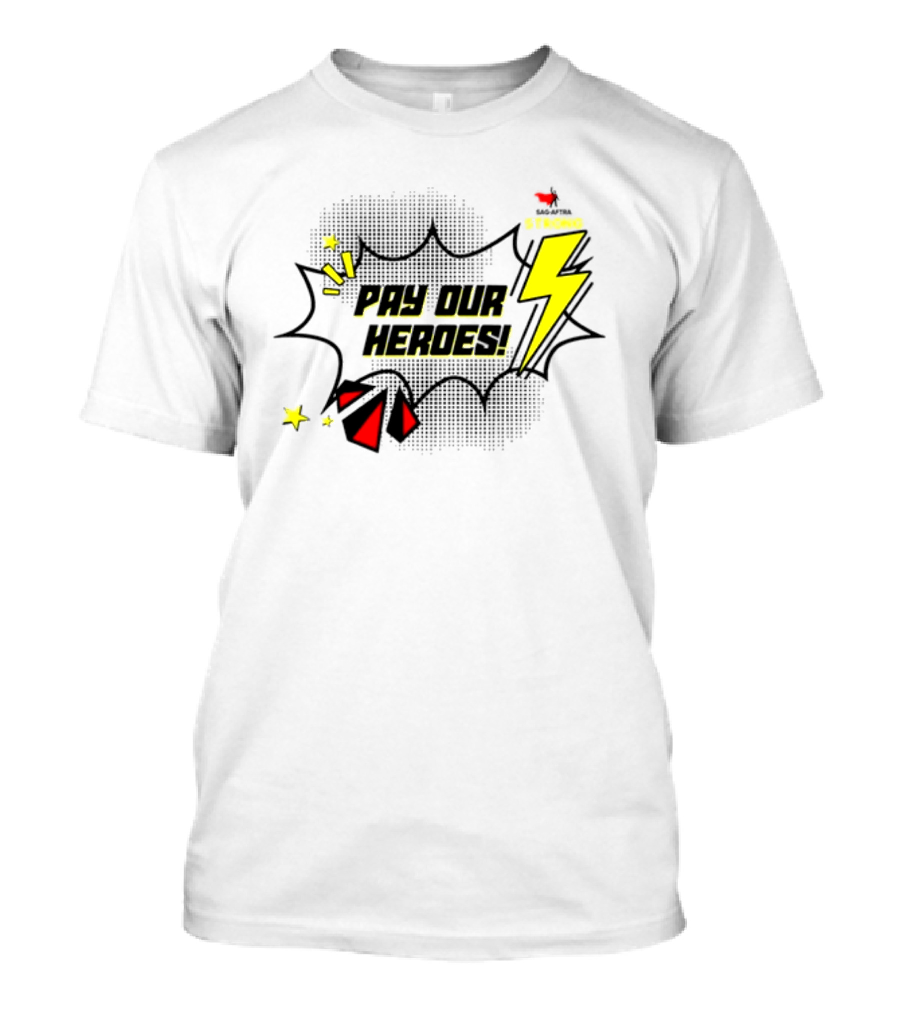 Sag-Aftra Strong Pay Our Heroes Comic Style Lightning Bolt And Stars T-Shirt